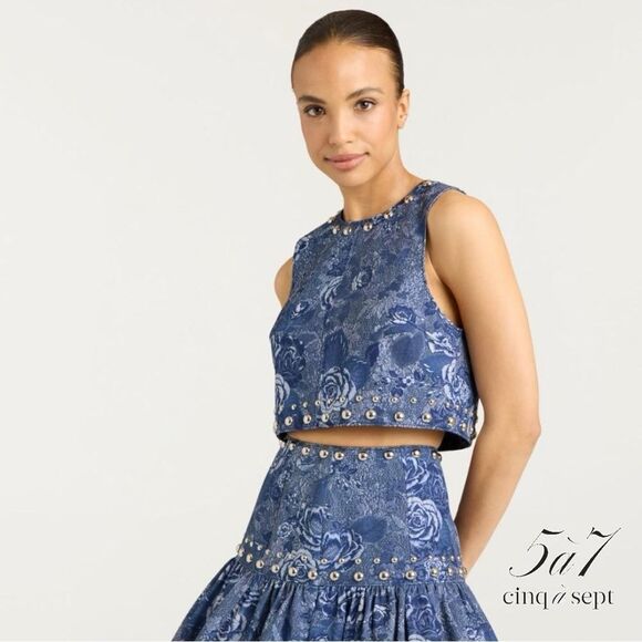 Cinq à Sept **NWT** Maia Studded Crop Top in Indigo Blue Floral - Picture 1 of 9